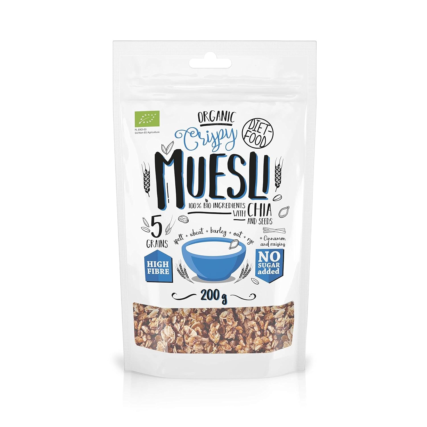 DIET-FOOD Keto Granola Mit Himbeere Low Carb Und Fettarm Glutenfreies Granola Frühstücksmüsli Non-Gmo Snack Ohne Zuckerzusatz 200G 1Er Pack Cereale Naty Shop 200 G (1Er Pack) Bio Muesli Crunch With Chia