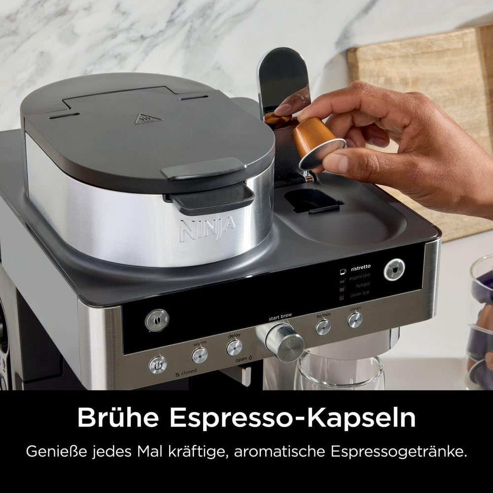 Ninja Prestige Cafetière filtre 2 en 1 avec capsules et mousseur à lait intégré, pour latte, café glacé et Flat White, noir CFN802EU