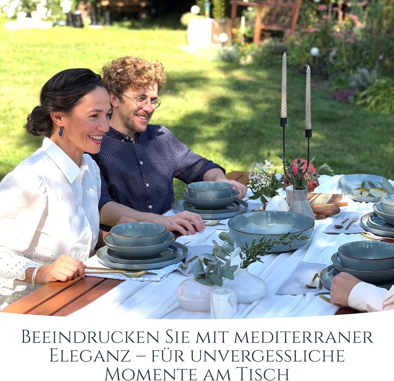 Steingut Geschirrset 6 Personen Rustique 24 tlg. TESTSIEGER, Hochwertiges Landhaussttil Steingut Geschirr Set, Schüssel- und Teller Set, Tafelservice 6 Personen, Geschirrsets Pure Living à Rauchblau