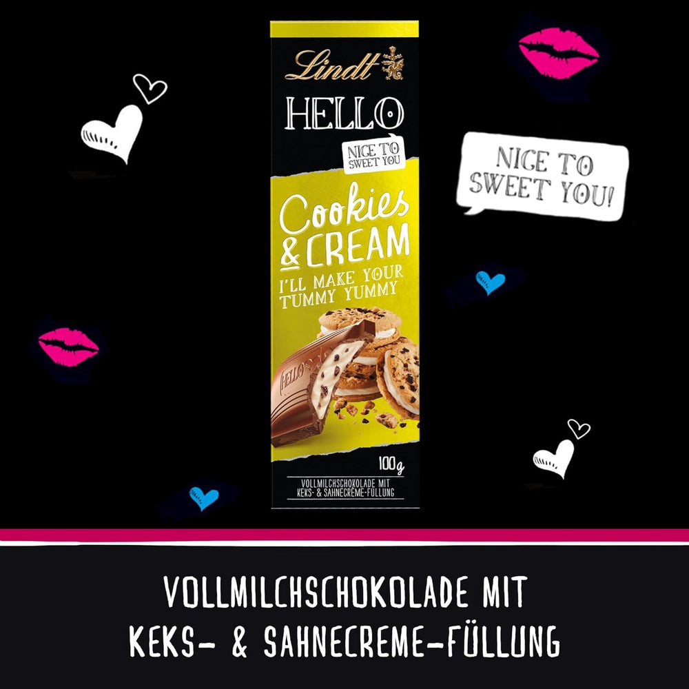 Lindt Hello Biscuits et chocolat à la crème | Barre 100g | Chocolat au lait fourré aux biscuits et à la crème | Barre de chocolat | Cadeau chocolat