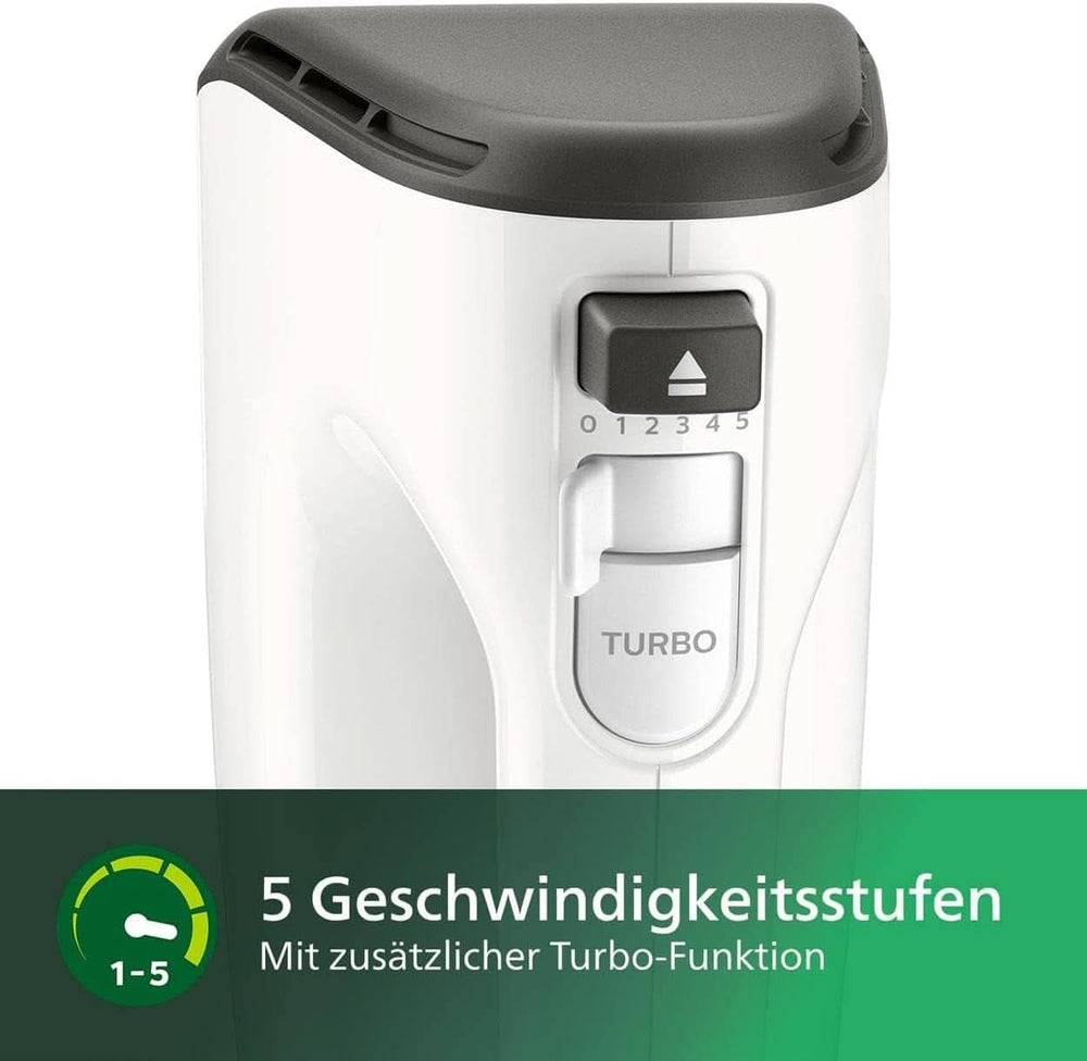 Philips Batteur à main, 450 W, 5 Geschwindigkeiten plus Turbo, Weiß/Grau (HR3741/00) Cuisine Naty Shop