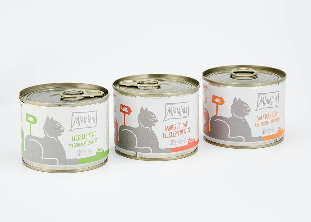 MjAMjAM - Nourriture humide de qualité supérieure pour chats - Pack mixte I - Poulet, bœuf, cœurs, paquet de 6 (6 x 200 g), sans céréales avec viande supplémentaire