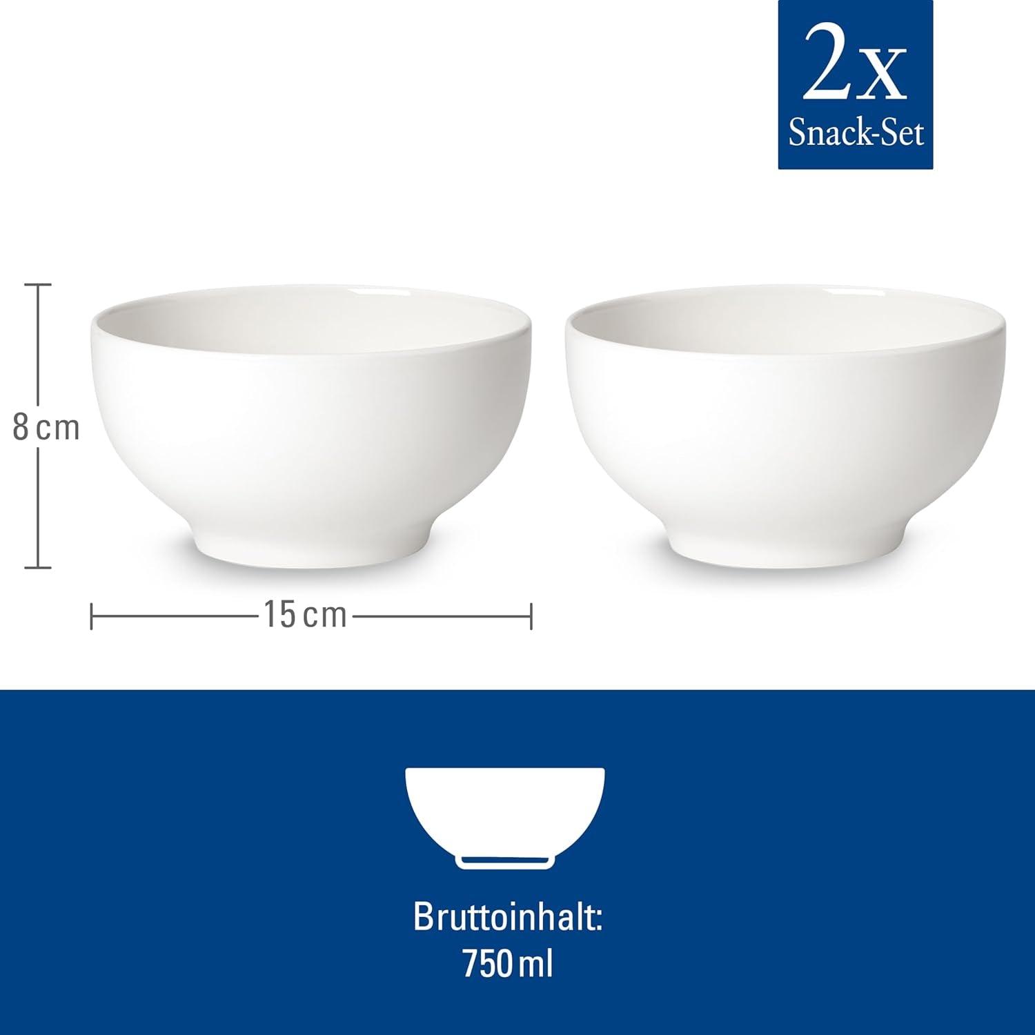 Villeroy & Boch For Me Lot de 2 bols à céréales, blanc, passe au lave-vaisselle, passe au micro-ondes, petits bols pour 2, bols, bols à céréales, snacks ou sauces, assiette, porcelaine premium