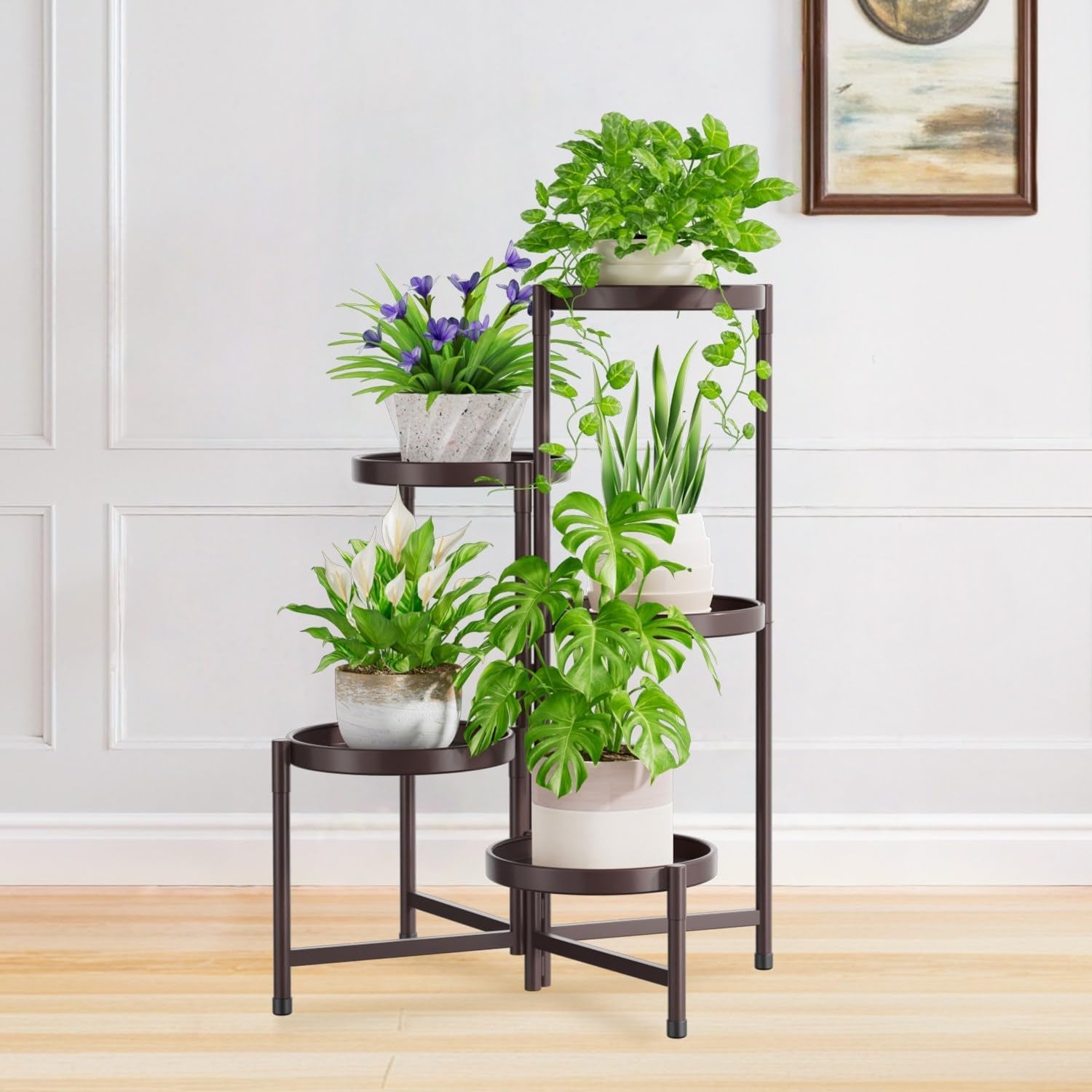 Idavosic.Ly Pflanzenständer Metall Groß Mit 5 Etagen, Blumenständer Pflanzenregal Blumenregal Indoor Outdoor, Faltbar Blumentreppen Innen Plant Stand Shelf Für Garten Balkon Wohnzimmer (Rund, Schwarz)