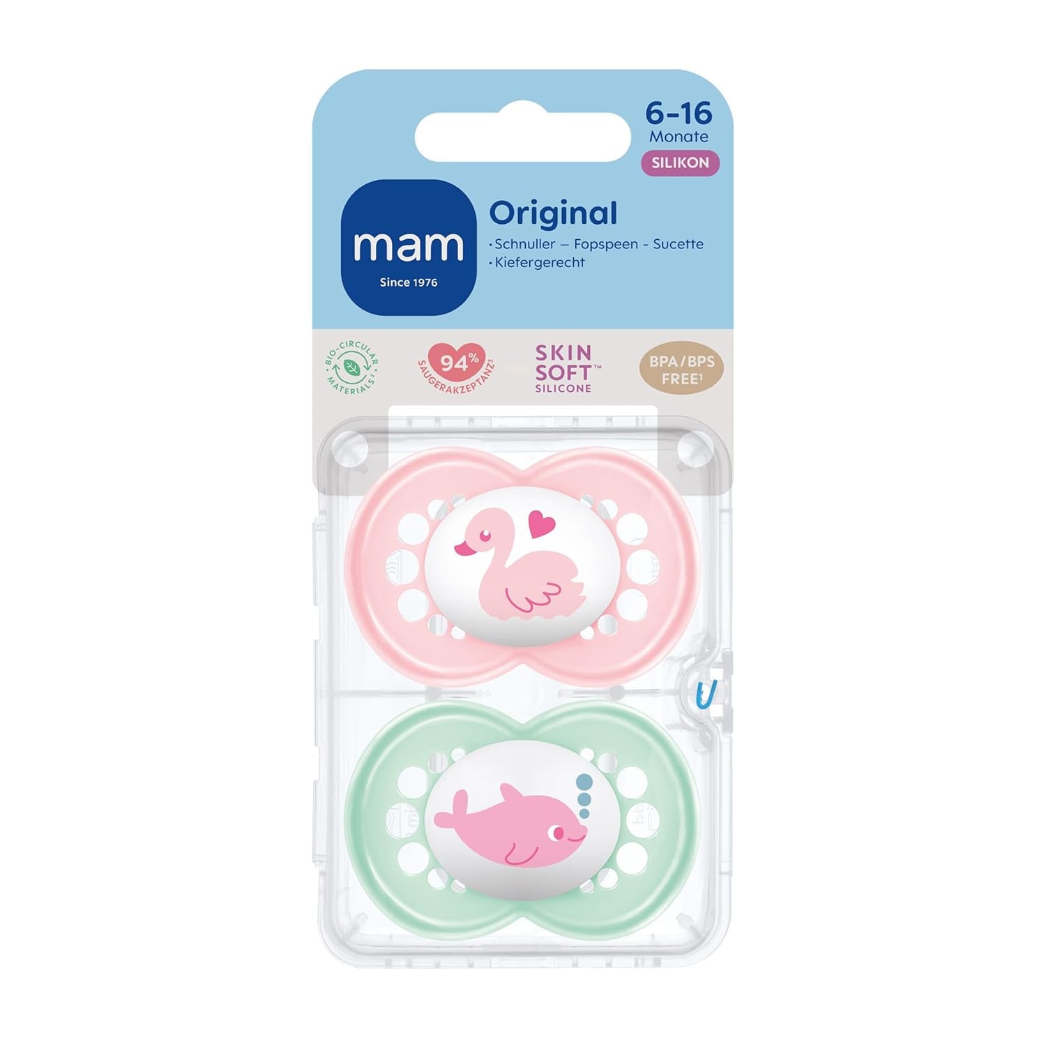 Sucettes MAM originales | 6-16 lundi | Sucettes pour bébé | Accepté par 94% | Convient à l'allaitement | Recommandé par les sages-femmes | Respectueux des dents | Silicone SkinSoft | Cygne/Dauphin | Paquet de 2