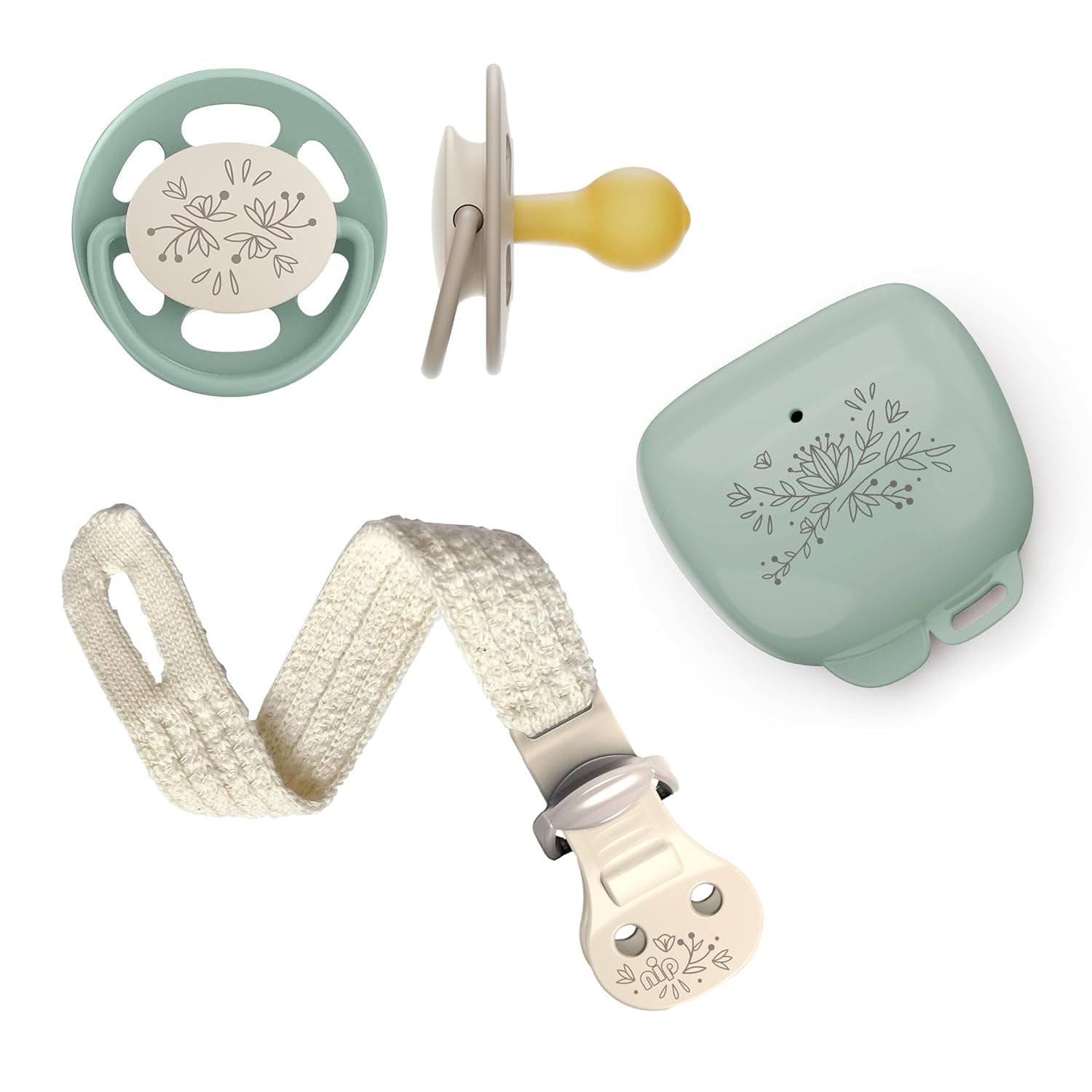 pincement - Vert Cerise | 0-6 mois | Paquet de 4 | Sucette pour bébé, adaptée à l'allaitement et à la dentition. Sucette durable, fabriquée à partir de matières premières naturelles, vert clair/marron