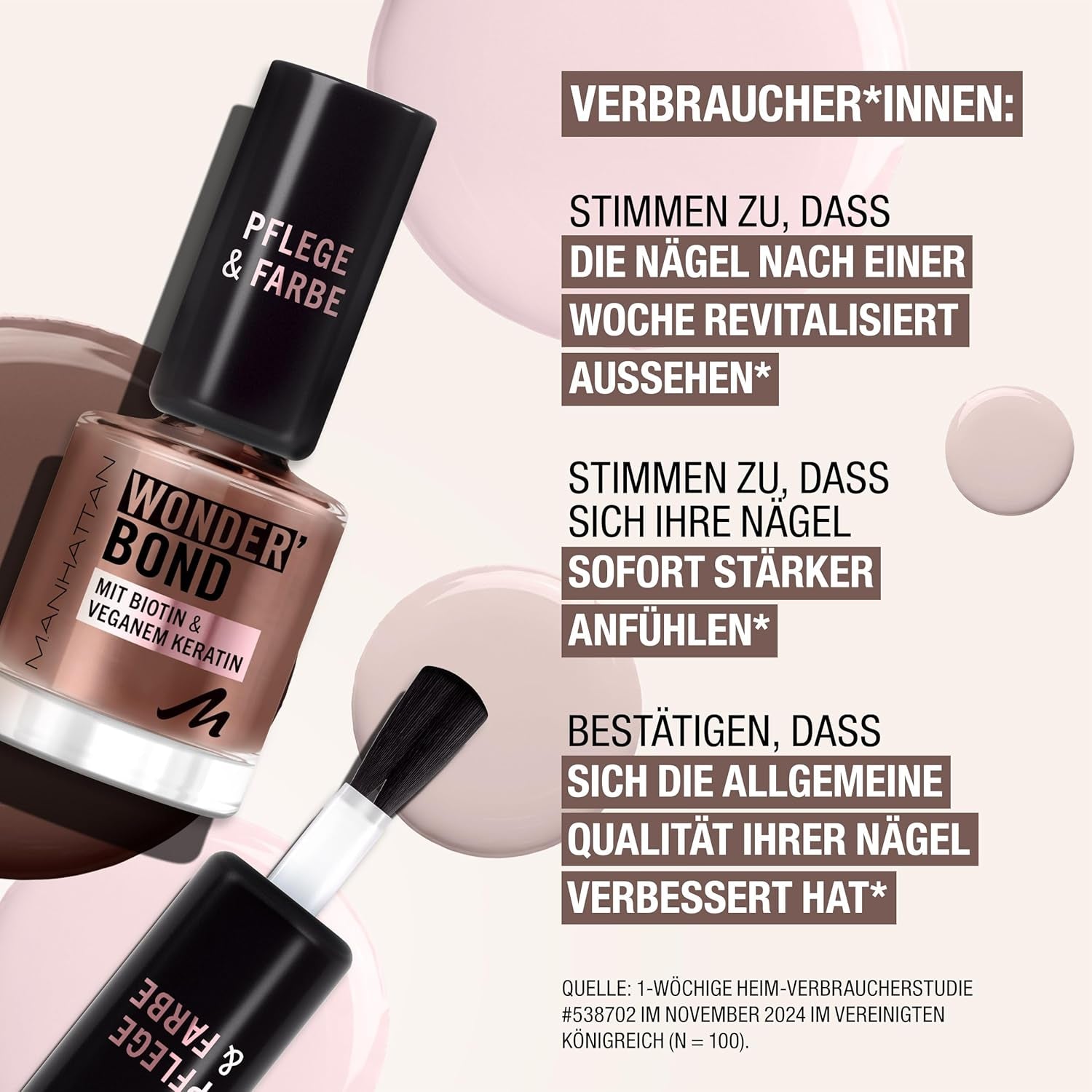 Oja MANHATTAN Wonder'Bond Color & Care, vegană și fără cruzime, formulă modulabilă cu biotină și keratină vegană, ușor de aplicat, nuanța 003 Slip Dress, 12 ml