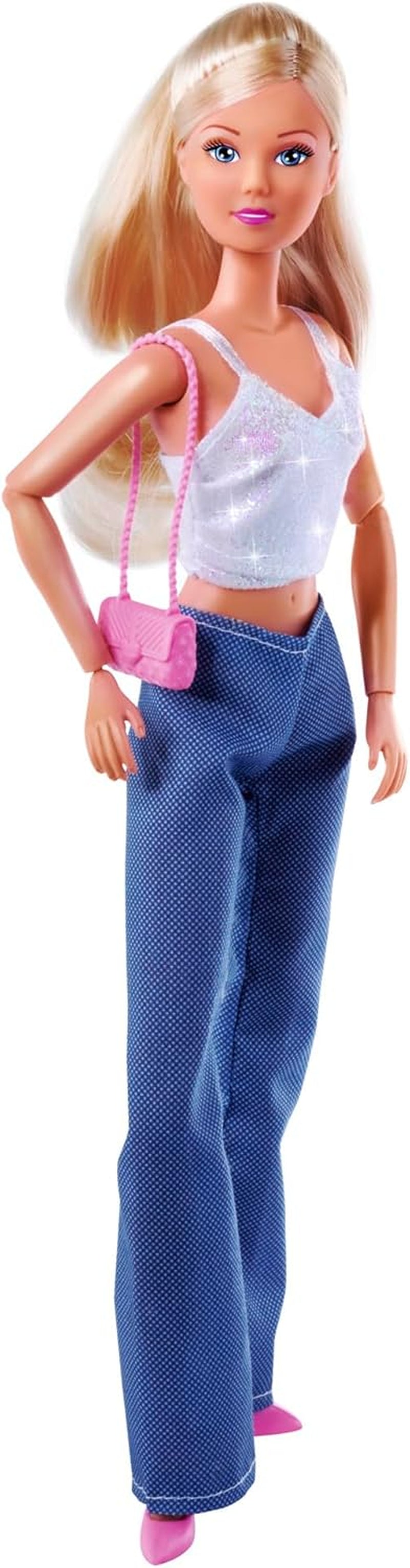 Simba Steffi Love Jeans et paillettes assortis de 2 façons UN article inclus Haut à paillettes avec jeans et accessoires de mode pour poupées de 29 cm Poupée non incluse à partir de 3 ans