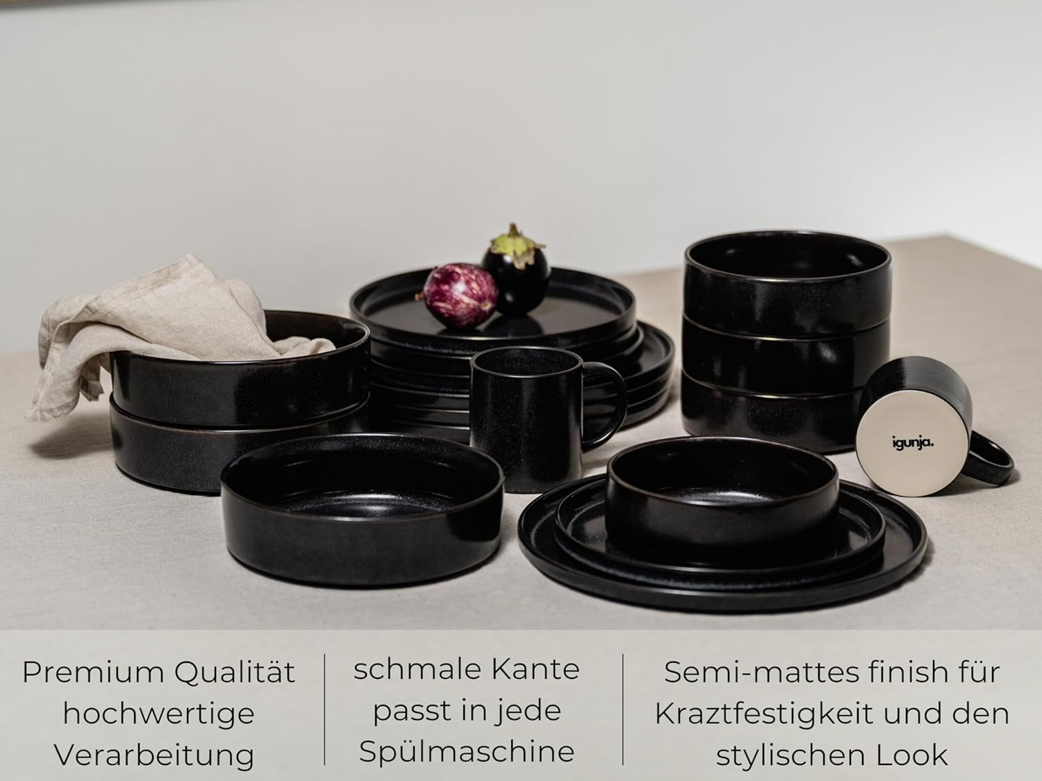 Ensemble de bols et assiettes en grès noir [12 pièces pour 4 personnes] Ensemble de vaisselle noir 100 % fait main avec glaçage réactif de qualité supérieure