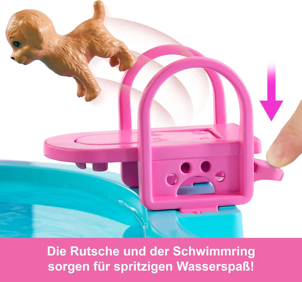 Barbie Dream Pool Playset avec six aires de jeu dont un toboggan et un jacuzzi, plus plus de 20 accessoires tels qu'un animal de compagnie, des bouées et plus encore, JKG83