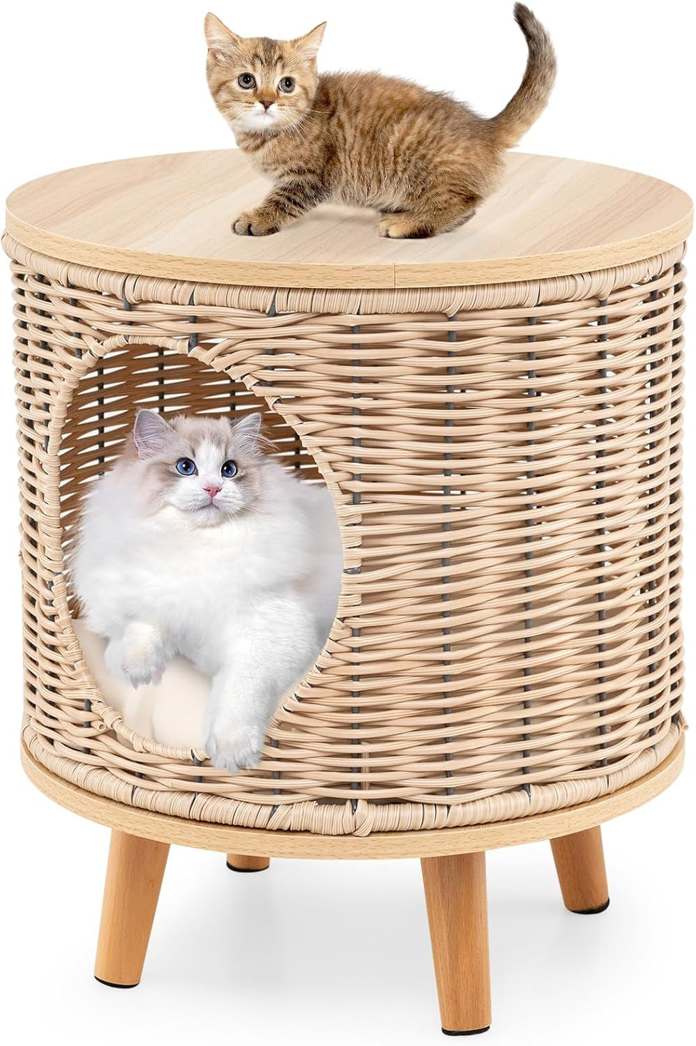 Katzenhaus Rattan, Katzenmöbel mit Holzbeinen & soft Kissen, 3 in 1 Katzenhöhle Fußhocker Nachttisch, Katzenbett stabil bis 30 kg für Wohnzimmer Schlafzimmer