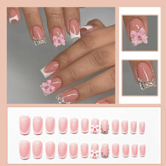 24 de tablete pentru manichiură franceză cu fundă roz și diamant, unghii pătrate, model cu strasuri, unghii artificiale roz nud, acoperire completă, manichiură cu lipici