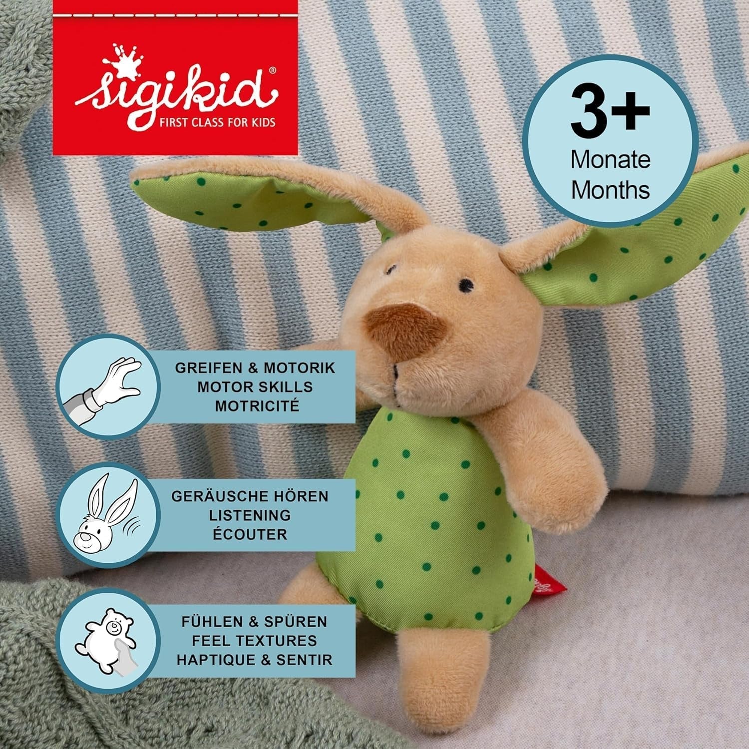 Sigikid 41169 Rattle rabbit Red Stars fete și băieți jucărie pentru copii recomandată de la naștere verde Jucarii Bebe Naty Shop