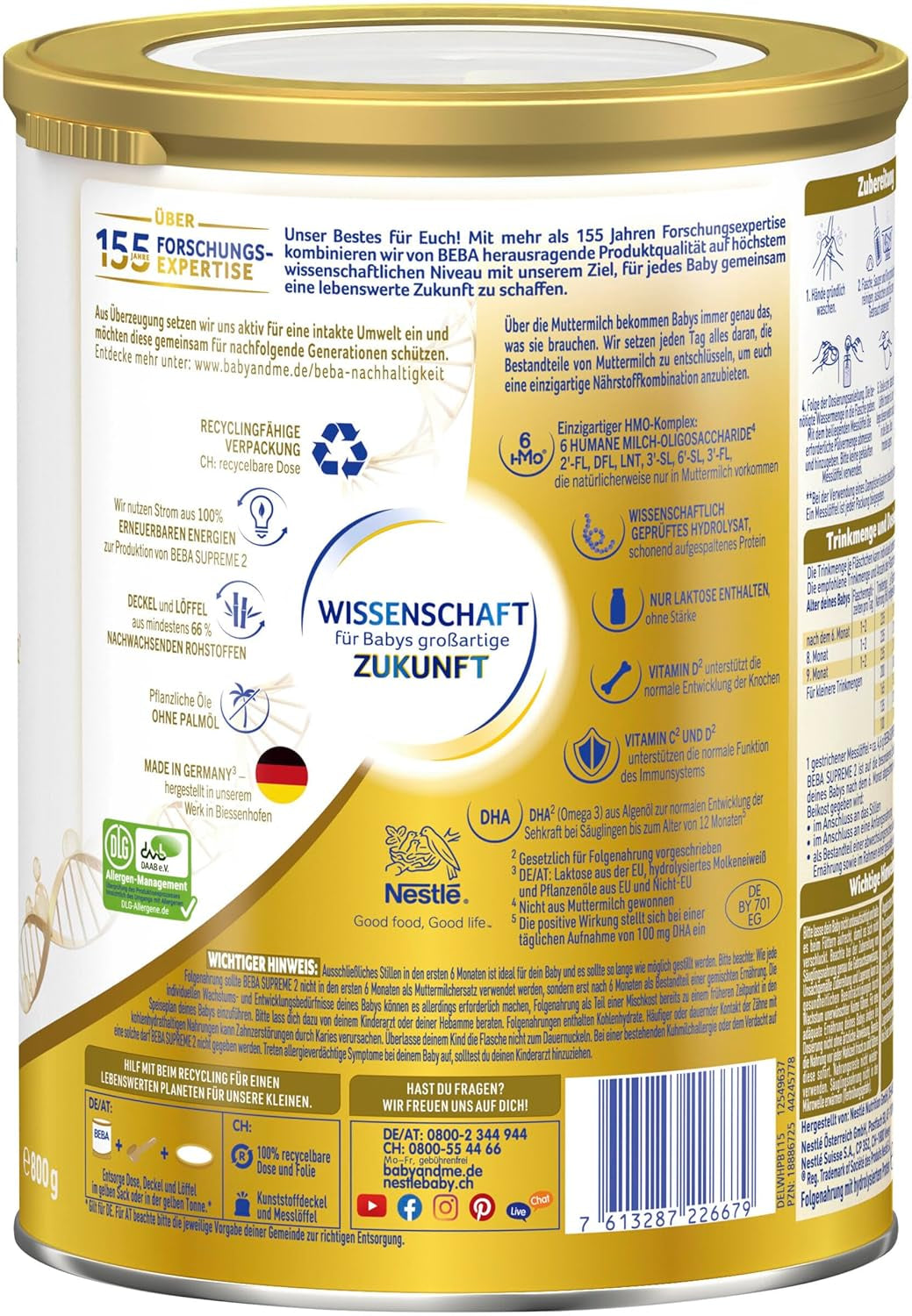 BEBA SUPREME 2 Lait de suite après 6 mois, lactose uniquement, sans huile de palme, pack de 6 (6 x 800g) Naty Shop