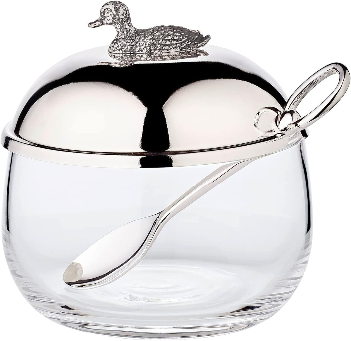 Borcan de dulceață de rață EDZARD (Ø 10 cm) din argint și sticlă - Cutie și lingură - Bol, recipient pentru zahăr, brânză - Borcan de dulceață cu capac, depozitare cu capac, cutie cu încuietoare cadou