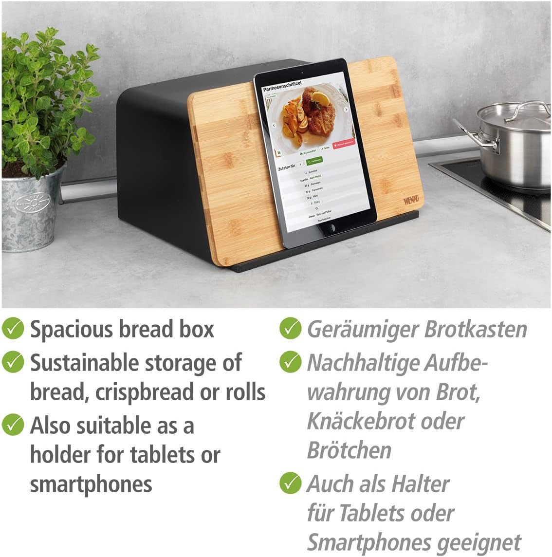 WENKO Corbeille à Pain Kubo avec Planche en Bambou, Rangement à Pain Polyvalent avec Couvercle et Planche à Découper en Bambou Intégrée, Boîte de Conservation des Aliments, Rangement du Pain Durable, 35 x 20,5 x 26 cm, Noir/Naturel Naty Shop