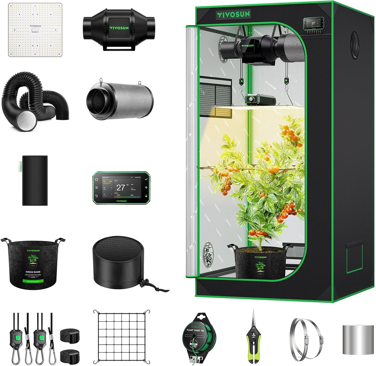 VIVOSUN Smart Grow Tent Full Set 60x60x120cm, système de culture automatique WiFi intégré avec lumière LED à spectre complet de 100 W et système de ventilation efficace avec contrôleur GrowHub E42A+