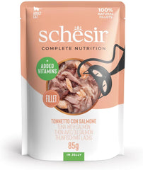 , Tunfisch mit Lachs in Gelee, complet Nassfutter für Katzen, im Beutel, 100% naturel Inhaltsstoffe, tierversuchfrei, 12 x 85 g