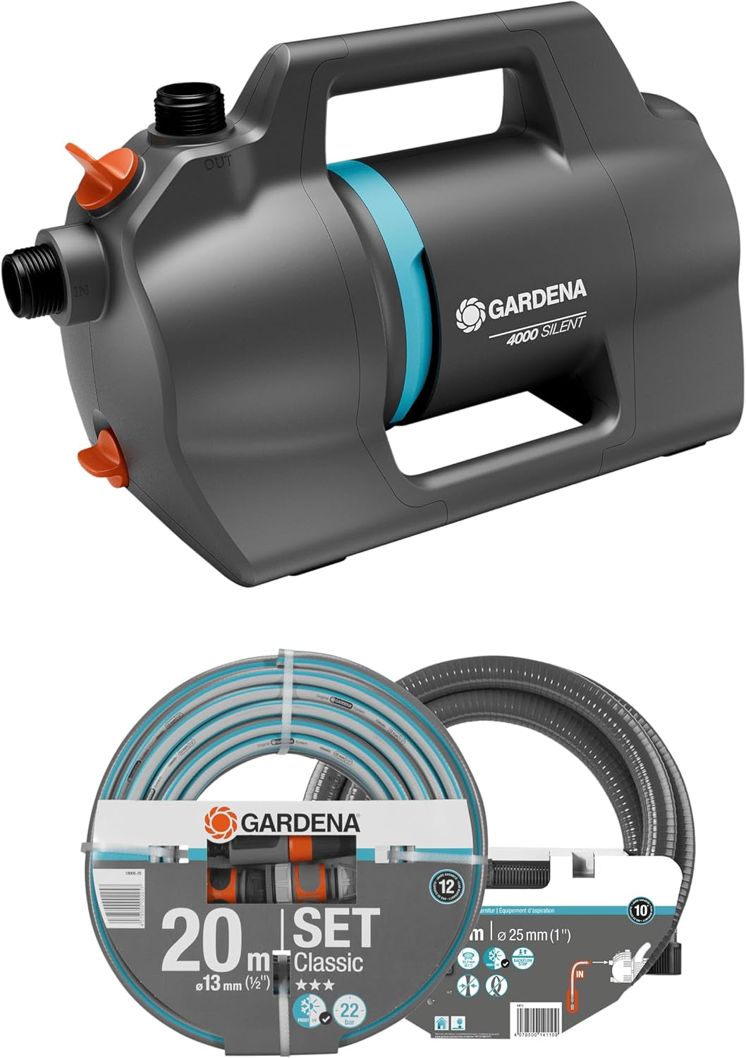 Ensemble Pompe de Jardin Silencieuse Gardena 4100 : Pompe d'Irrigation Très Silencieuse et Innovante avec Raccord d'Aspiration de 3,5 m et Tuyau Classique de 20 m, Débit 4100 L/h, Moteur 550 W, Étanche, Économique (9051-20)