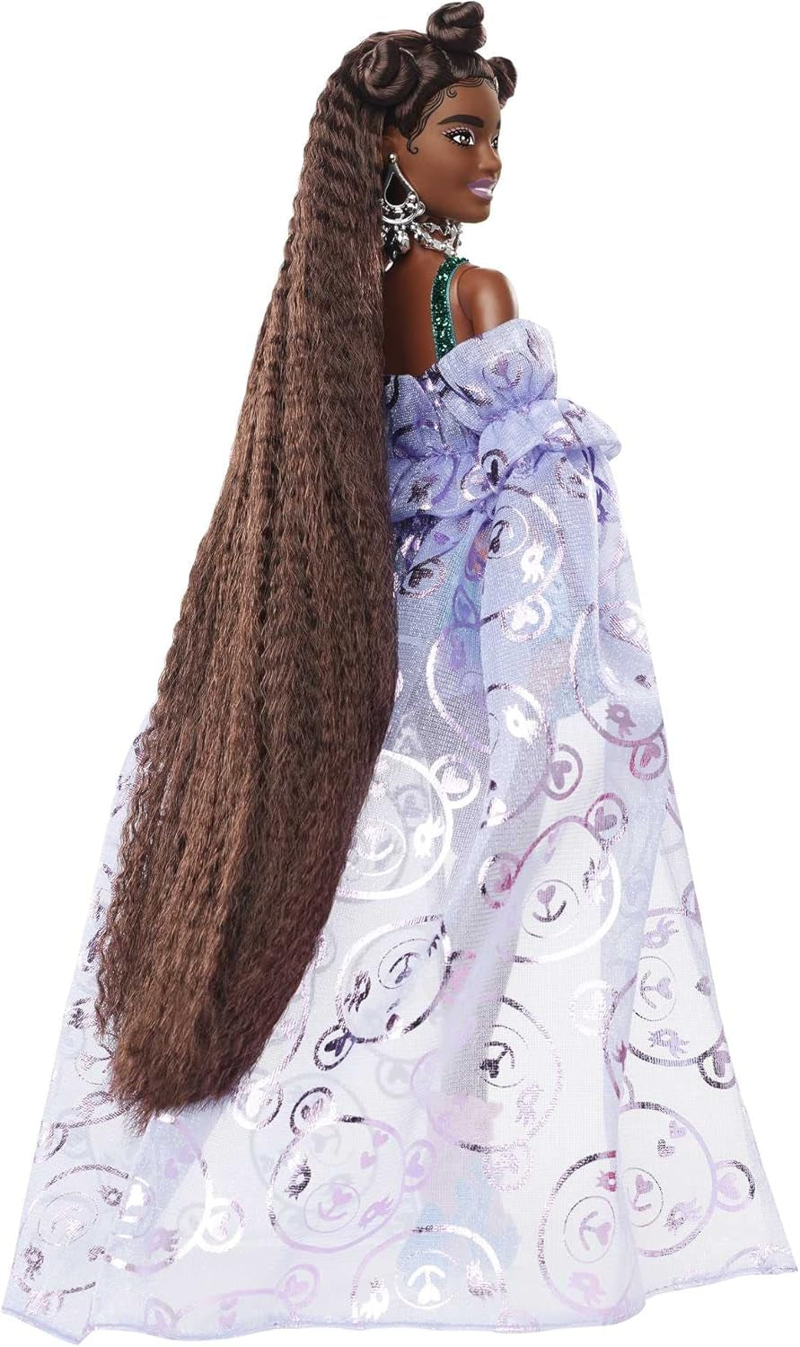 Barbie Extra Fancy, Langen schwarzen Haaren & Teddykleid, Sonnenbrille, Schmuck, Handschuhe, Geldbörse, High Heels, Bär mit EIS am Stiel, inkl. Barbiepuppe, als Geschenk geeignet,HHN13