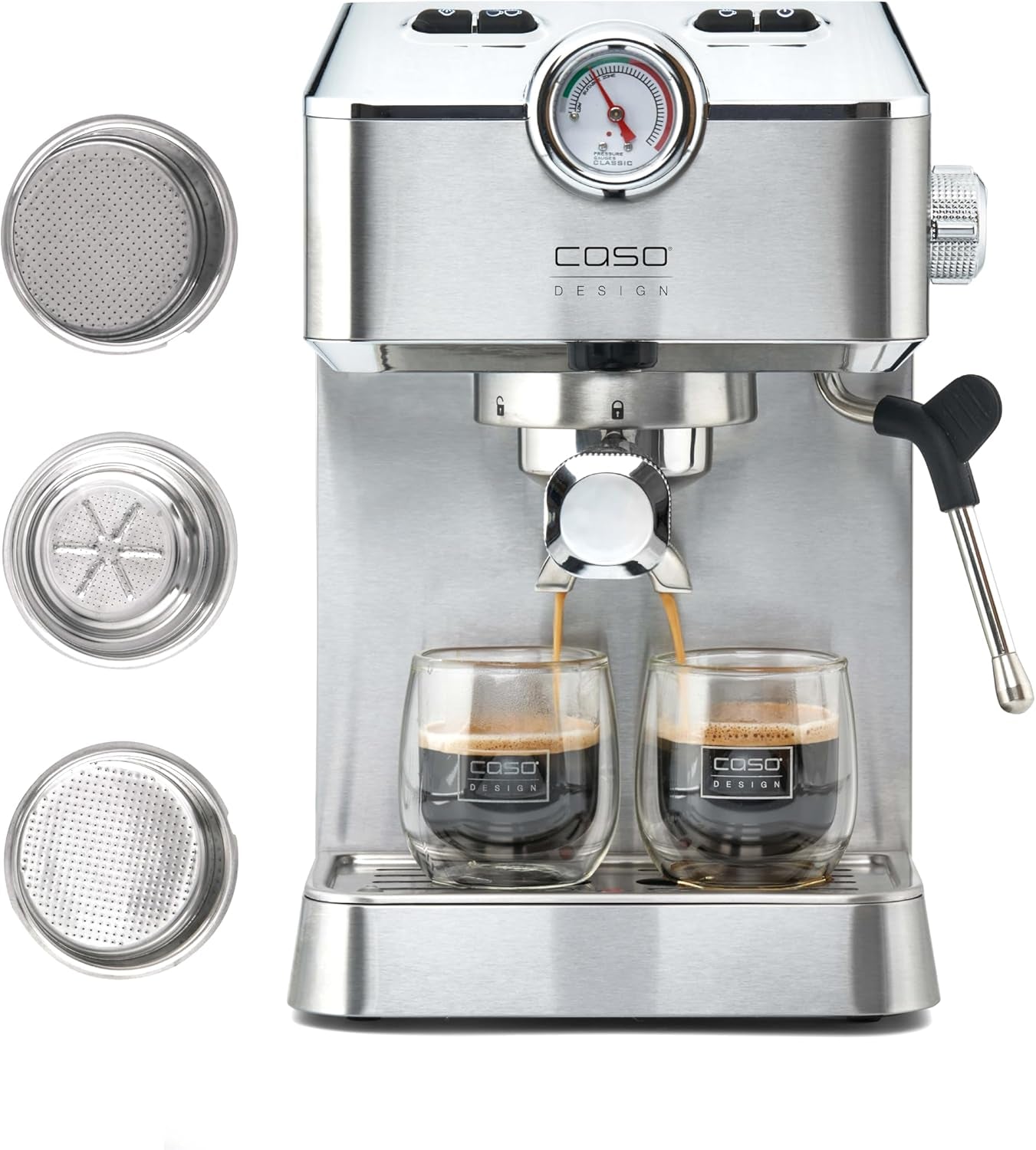 Caso Espresso Gourmet - Machine à expresso porte-filtre en acier inoxydable, puissante pompe Ulka 19 bars, avec mousseur à lait, pour café moulu ou capsules de café ESE, pour 2 tasses, avec chauffe-tasses