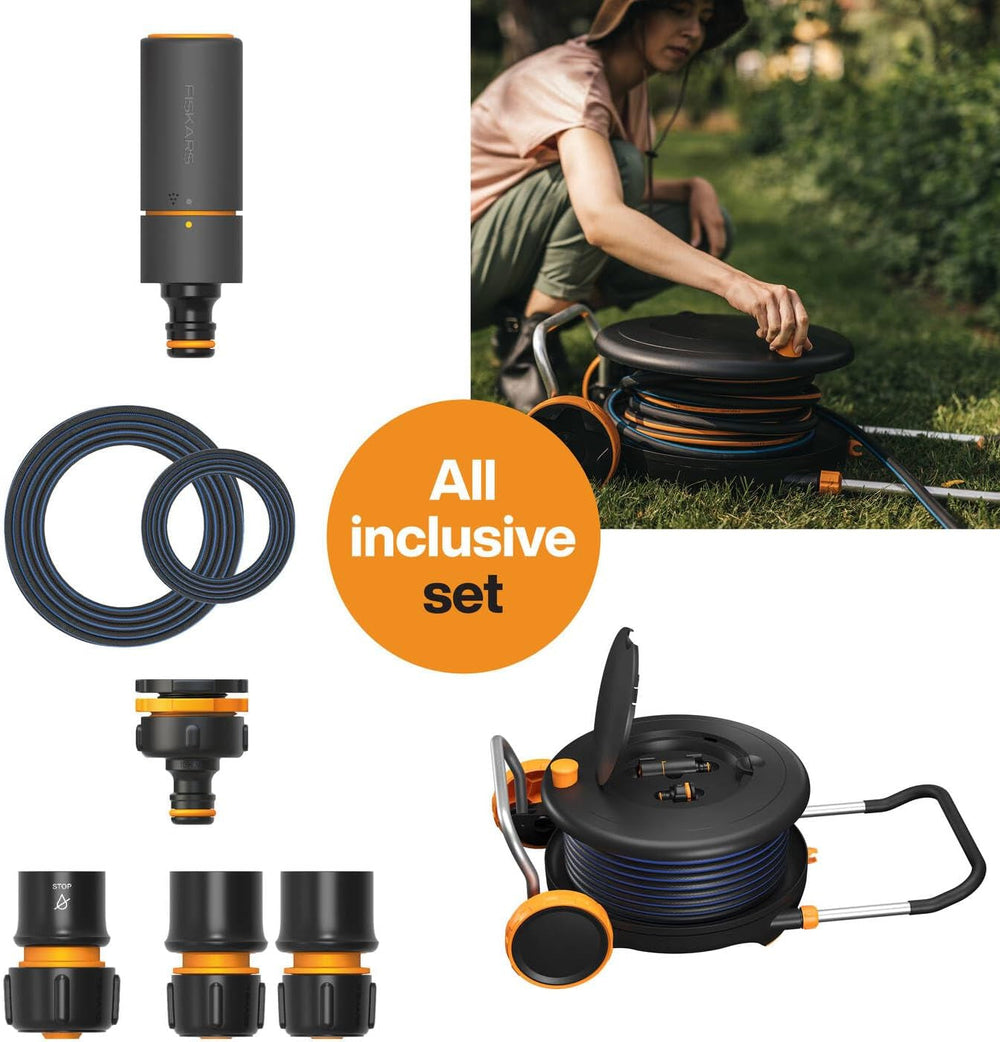 Roue hydraulique Fiskars Comfort L avec roulettes, kit d'arrosage tout compris, portée totale de 31,5 m, enroulement automatique, tuyau d'arrosage universel (Ø 13 mm), raccord de robinet universel, 1071670