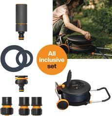 Roue hydraulique Fiskars Comfort L avec roulettes, kit d'arrosage tout compris, portée totale de 31,5 m, enroulement automatique, tuyau d'arrosage universel (Ø 13 mm), raccord de robinet universel, 1071670