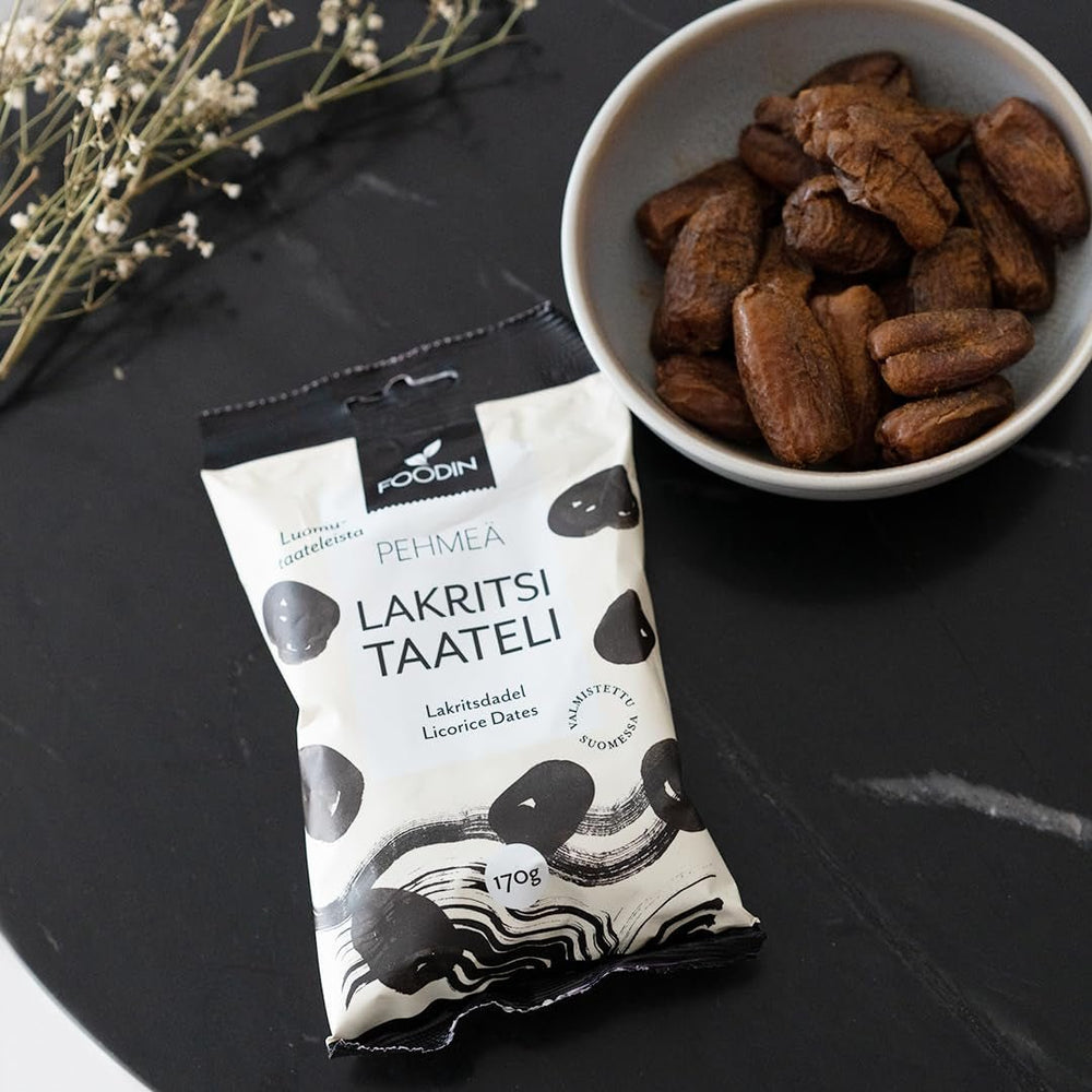 Données Foodin Friandises végétaliennes, sans gluten, douces, sucrées et saines Fruits secs avec poudre de réglisse pour le snacking, la pâtisserie et plus encore - Fabriqué à Vaajakoski (3x170g) Produits déshydratés Naty Shop