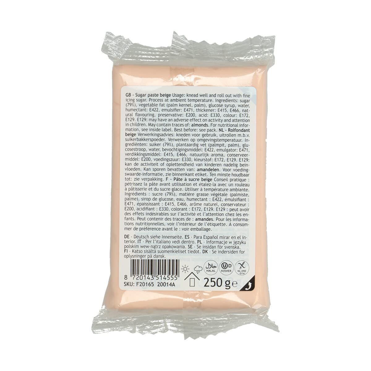 Fondant roulé beige naturel FunCakes : facile à utiliser, lisse, flexible, doux et pliable, parfait pour décorer des gâteaux, halal, casher et sans gluten, 250 g de pâte à sucre Naty Shop