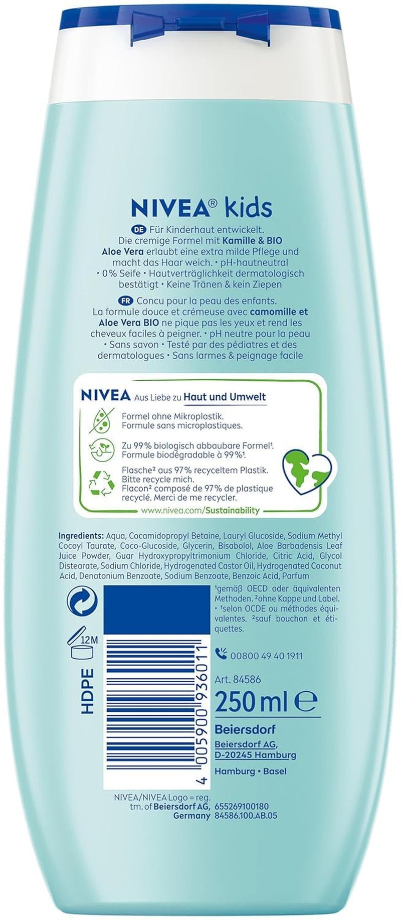 Gel douche, shampoing et après-shampooing NIVEA KIDS 3en1, soin et nettoyant pour enfants au parfum magique de pomme, soin extra doux et sans savon pour les cheveux et la peau des enfants (250 ml) Enfants - Bain et Soin Naty Shop