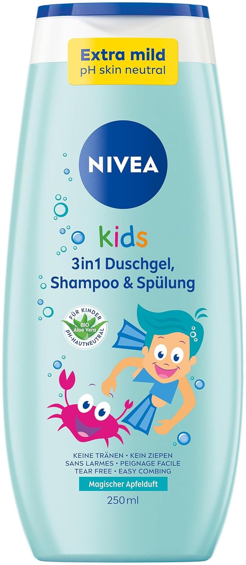 Gel douche, shampoing et après-shampooing NIVEA KIDS 3en1, soin et nettoyant pour enfants au parfum magique de pomme, soin extra doux et sans savon pour les cheveux et la peau des enfants (250 ml) Enfants - Bain et Soin Naty Shop Parfum pomme - 0 microplastique