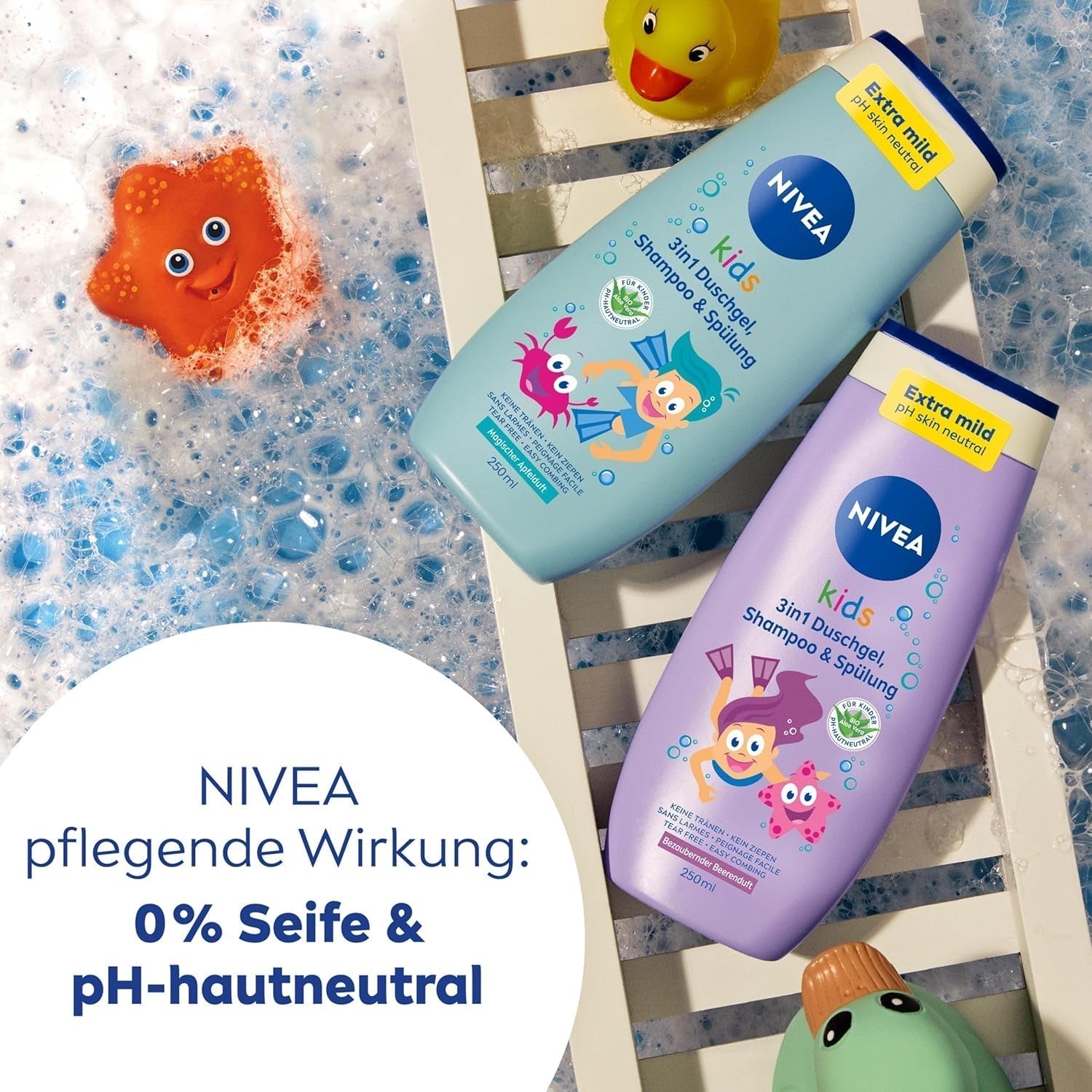 Gel douche, shampoing et après-shampooing NIVEA KIDS 3en1, soin et nettoyant pour enfants au parfum magique de pomme, soin extra doux et sans savon pour les cheveux et la peau des enfants (250 ml) Enfants - Bain et Soin Naty Shop