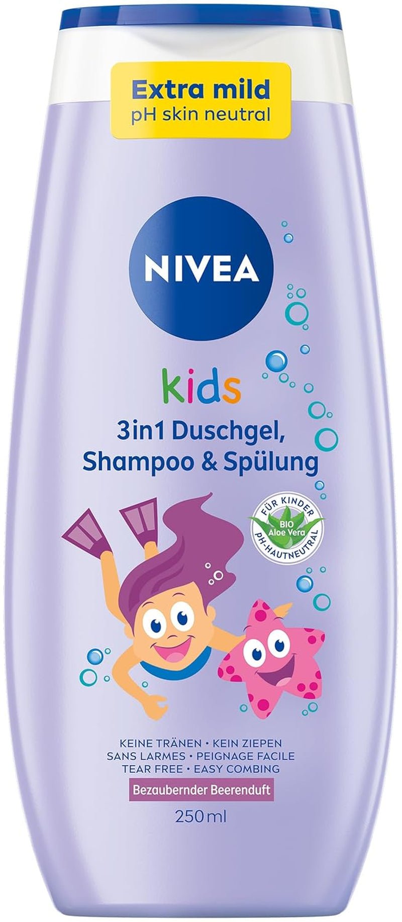 Gel douche, shampoing et après-shampoing NIVEA KIDS 3en1, soin et nettoyant pour enfants au parfum magique de pomme, soin extra doux et sans savon pour les cheveux et la peau des enfants (250 ml) Enfants - Bain et Soin Naty Shop 250ml