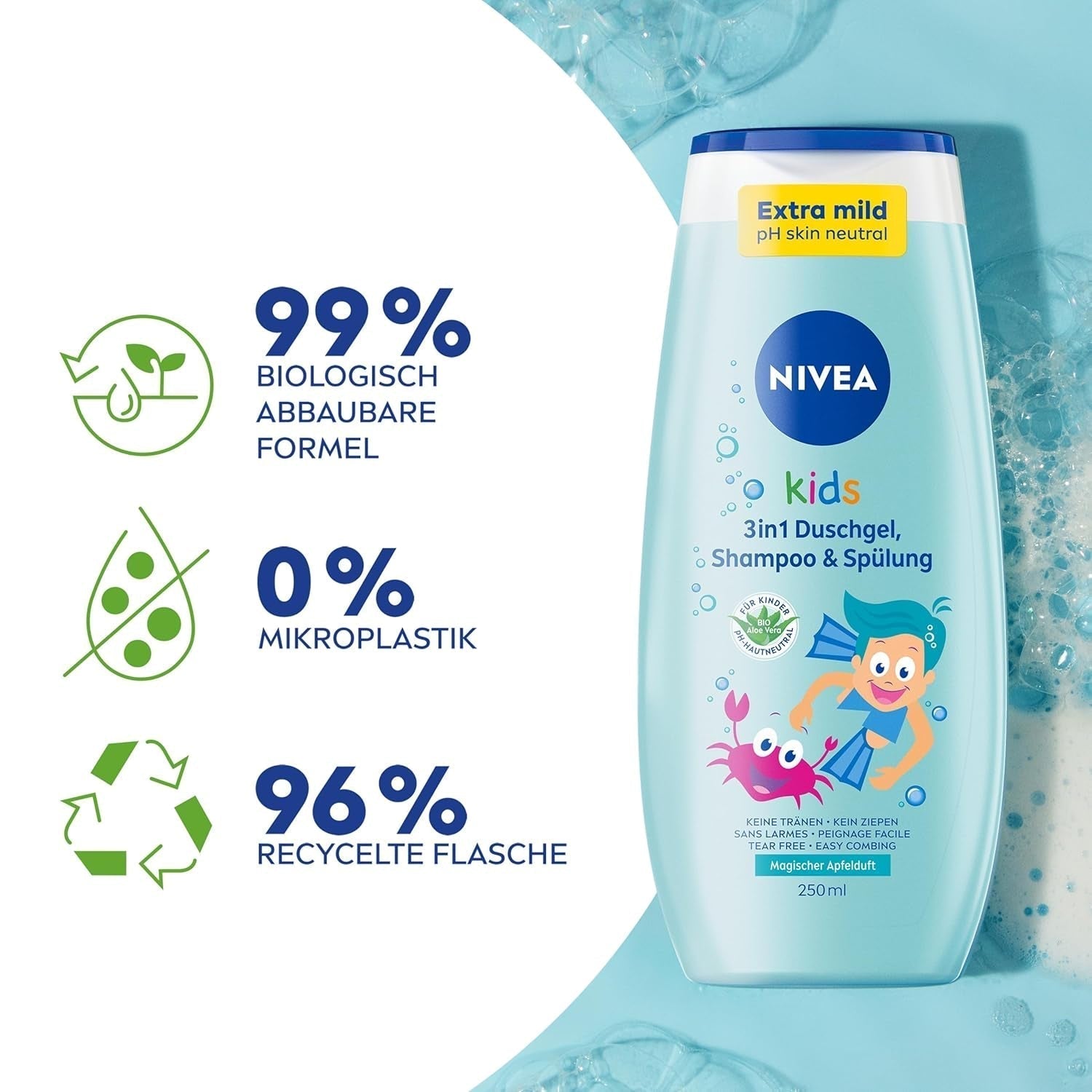 Gel douche, shampoing et après-shampooing NIVEA KIDS 3en1, soin et nettoyant pour enfants au parfum magique de pomme, soin extra doux et sans savon pour les cheveux et la peau des enfants (250 ml) Enfants - Bain et Soin Naty Shop