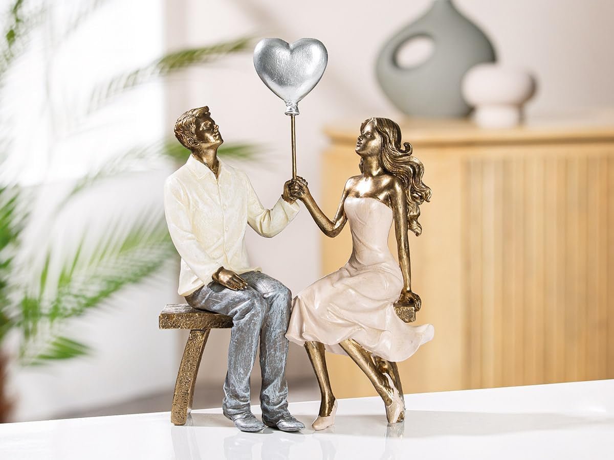 GILDE Décoration Figurine Couple Coeur Ballon - Amoureux sur banc avec coeur ballon décoration cadeau mariage - Coloris : Blanc Bronze Gris - Hauteur 24,5 cm Statuettes et sculptures Naty Shop Bronze Hauteur 24,5 cm