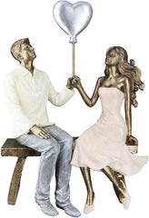 GILDE Décoration Figurine Couple Coeur Ballon - Amoureux sur le banc avec ballon coeur décoration cadeau mariage - Coloris : Blanc Bronze Gris - Hauteur 24,5 cm Statuettes et sculptures Naty Shop