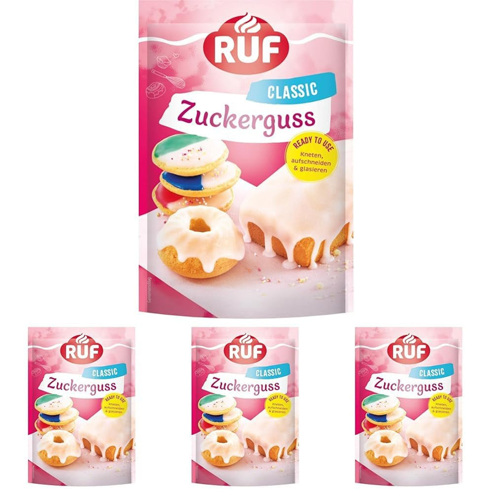 Glaçage RUF prêt à l'emploi, s'utilise immédiatement sans mélanger, glaçage pour biscuits et gâteaux, comme base de glaçage au sucre ou pour colorer et aromatiser, 1 x 150g (lot de 4) Naty Shop Pâte à Sucre 150 G (lot de 4) Blanc