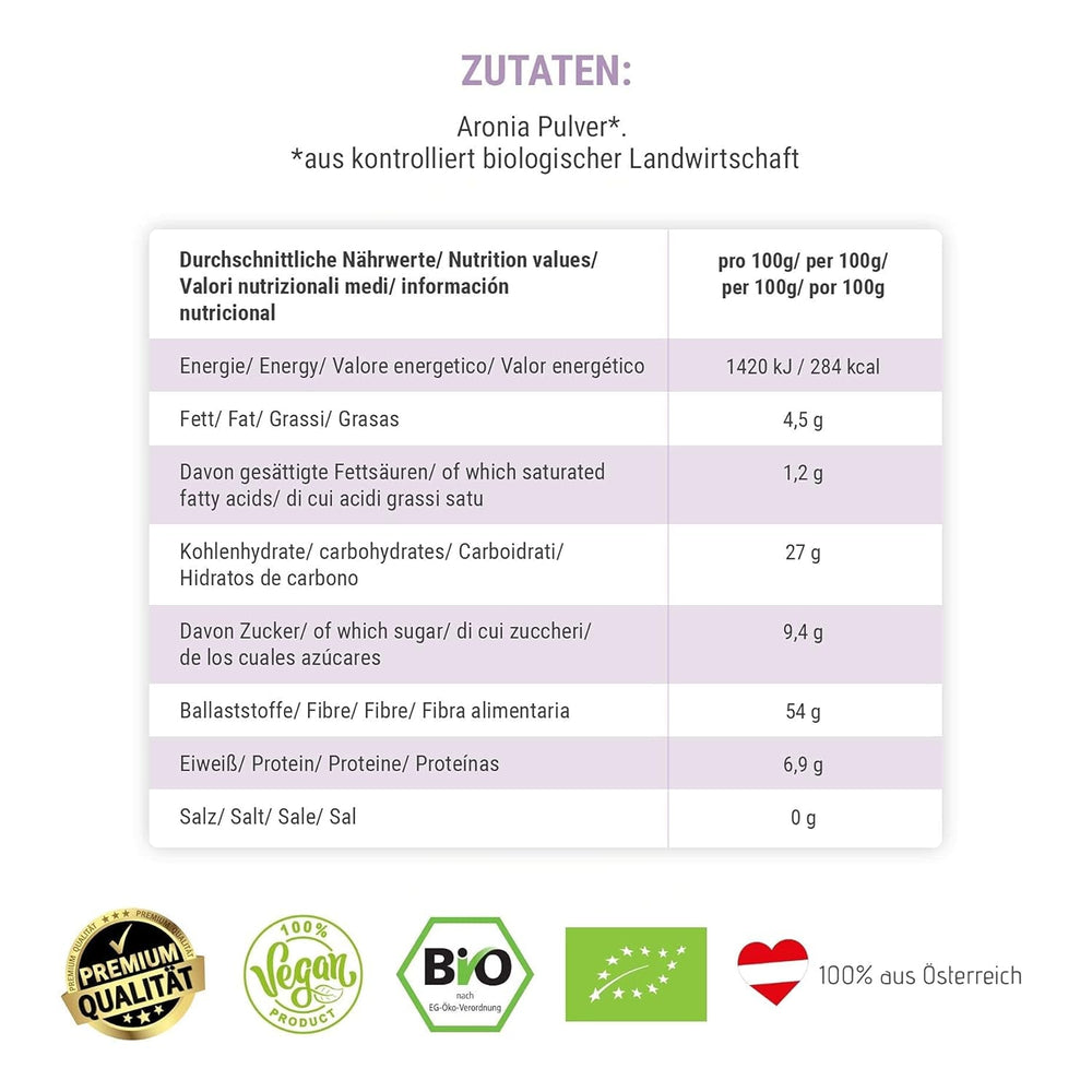 Poudre d'aronia biologique GREEN PANDA® d'Autriche | aronia séchés finement moulus | aronia bio sans additifs | alternative régionale à la poudre d'açai et aux baies de goji | 500g de produits déshydratés Naty Shop