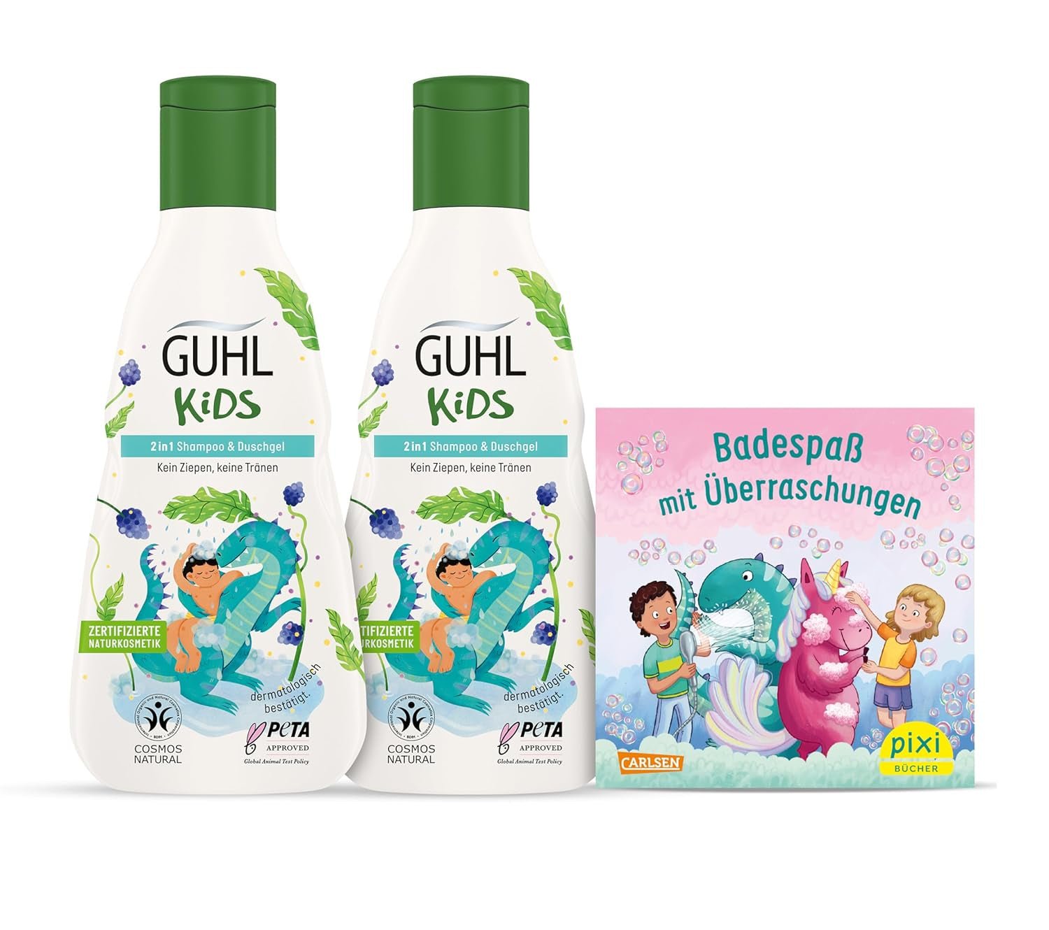Coffret avantage Guhl Kids Dino - 2x shampooing et gel douche 2 en 1 Guhl Kids, 250 ml + 1x livre Pixi - Spécialement développé pour les enfants - Ne tire pas - Certificat Cosmos Natural Enfants - Bain et soins de la peau Naty Shop Titre par défaut
