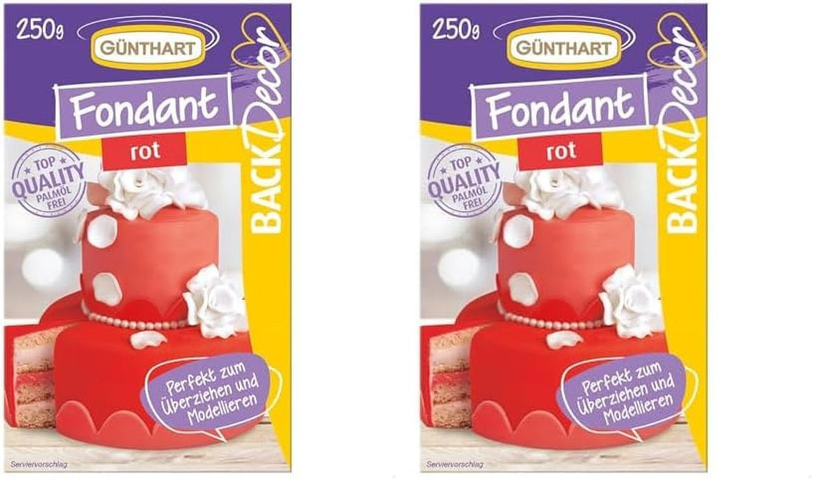 Günthart BackDecor Fondant Rouge 250 g, sans huile de palme, résistant aux déchirures pour recouvrir les gâteaux et pâtisseries, adapté au modelage, lot de 2 (1 x 250 g)