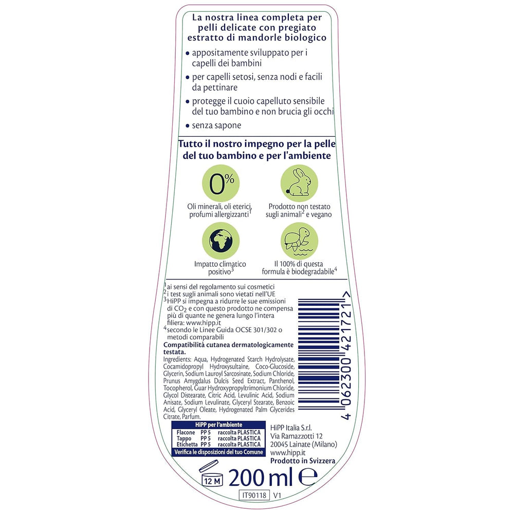HiPP Baby Care Shampoing avec après-shampooing pour enfants, démêle les cheveux et protège le cuir chevelu, pour peaux sensibles, à l'extrait naturel d'amande bio, 1 x 200 ml Enfants - Bains et Soin Naty Shop