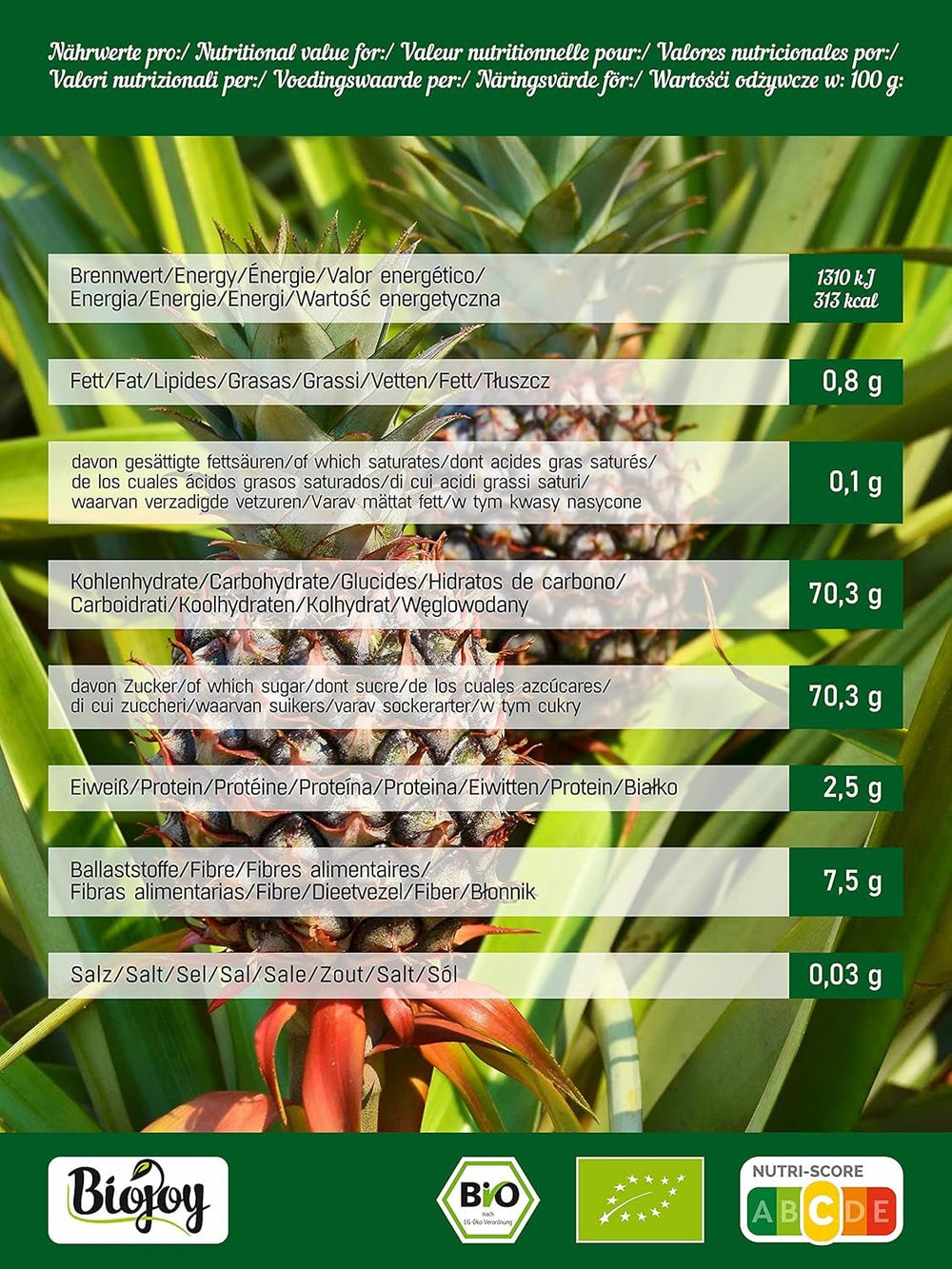 Rondelles d'ananas Biojoy BIO séchées (1 kg), produits déshydratés Naty Shop sans soufre