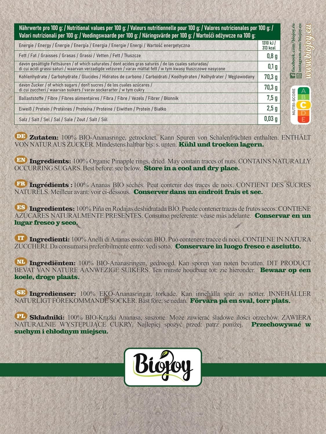 Rondelles d'ananas Biojoy BIO séchées (1 kg), produits déshydratés Naty Shop sans soufre