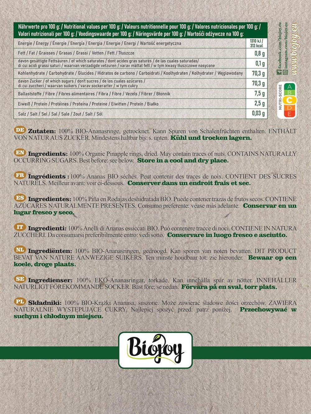 Rondelles d'ananas Biojoy BIO séchées (1 kg), produits déshydratés Naty Shop sans soufre