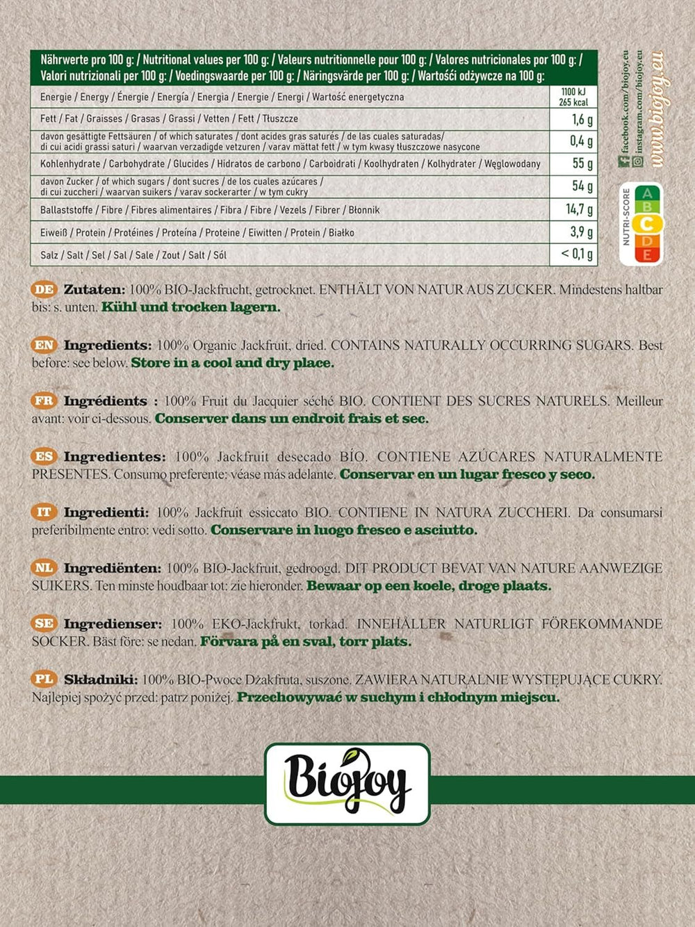 Jacquier bio Biojoy (1 kg), morceaux de jacquier séchés et non soufrés Produits déshydratés Naty Shop