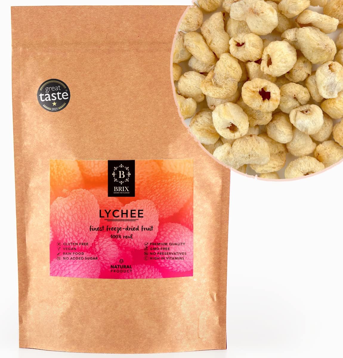 Litchi séché BRIX | Litchi naturel séché 95 g | Grand Prix du Goût pour les Fruits Secs | Sans OGM, sans gluten, végétalien, vitamines conservées Naty Shop Produits déshydratés Titre par défaut