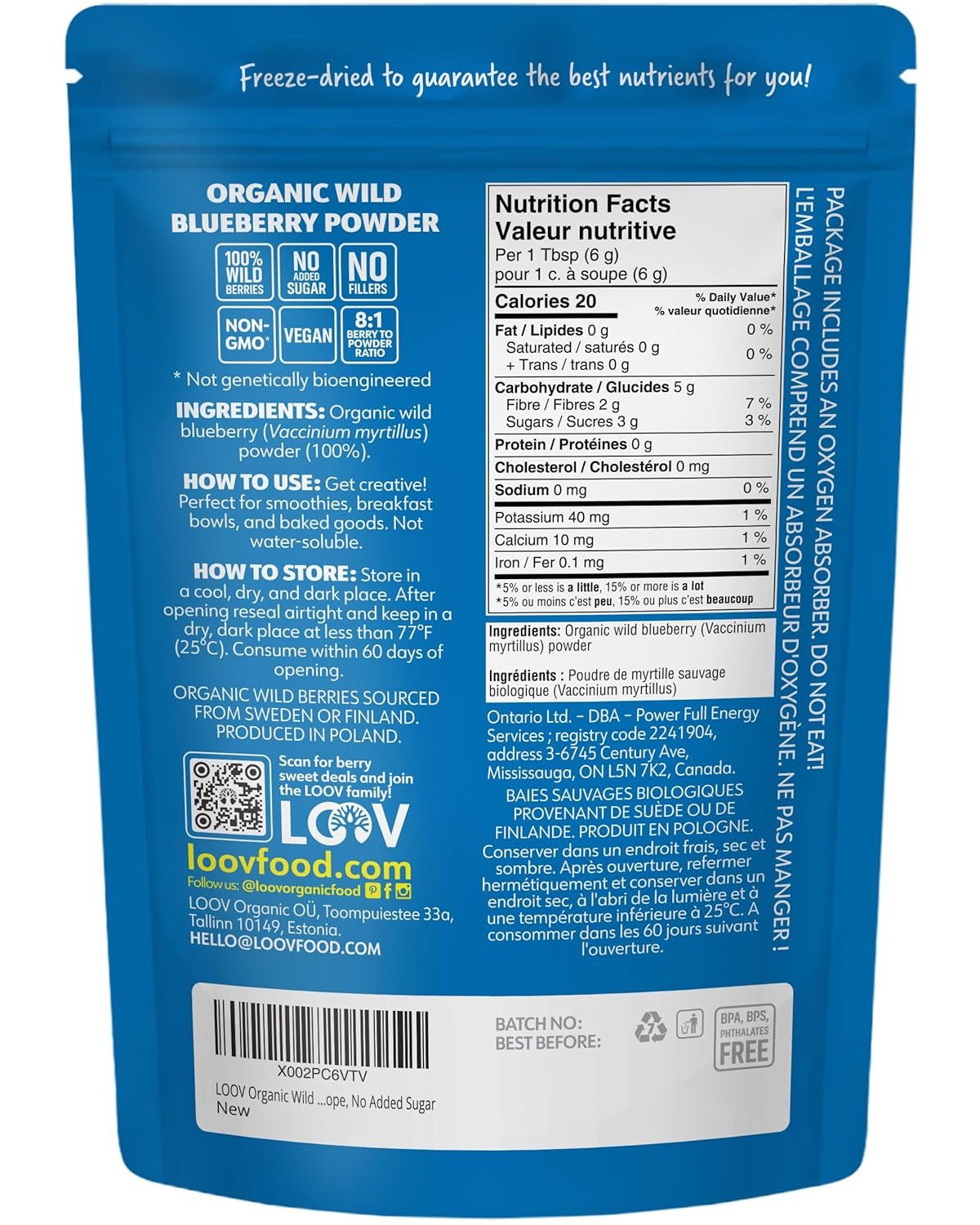LOOV Poudre de myrtille sauvage biologique - Approvisionnement de 29 jours 171 g Idéal pour les smoothies et le petit-déjeuner Lyophilisé Europe du Nord Sans sucre ajouté Naty Shop Produits déshydratés