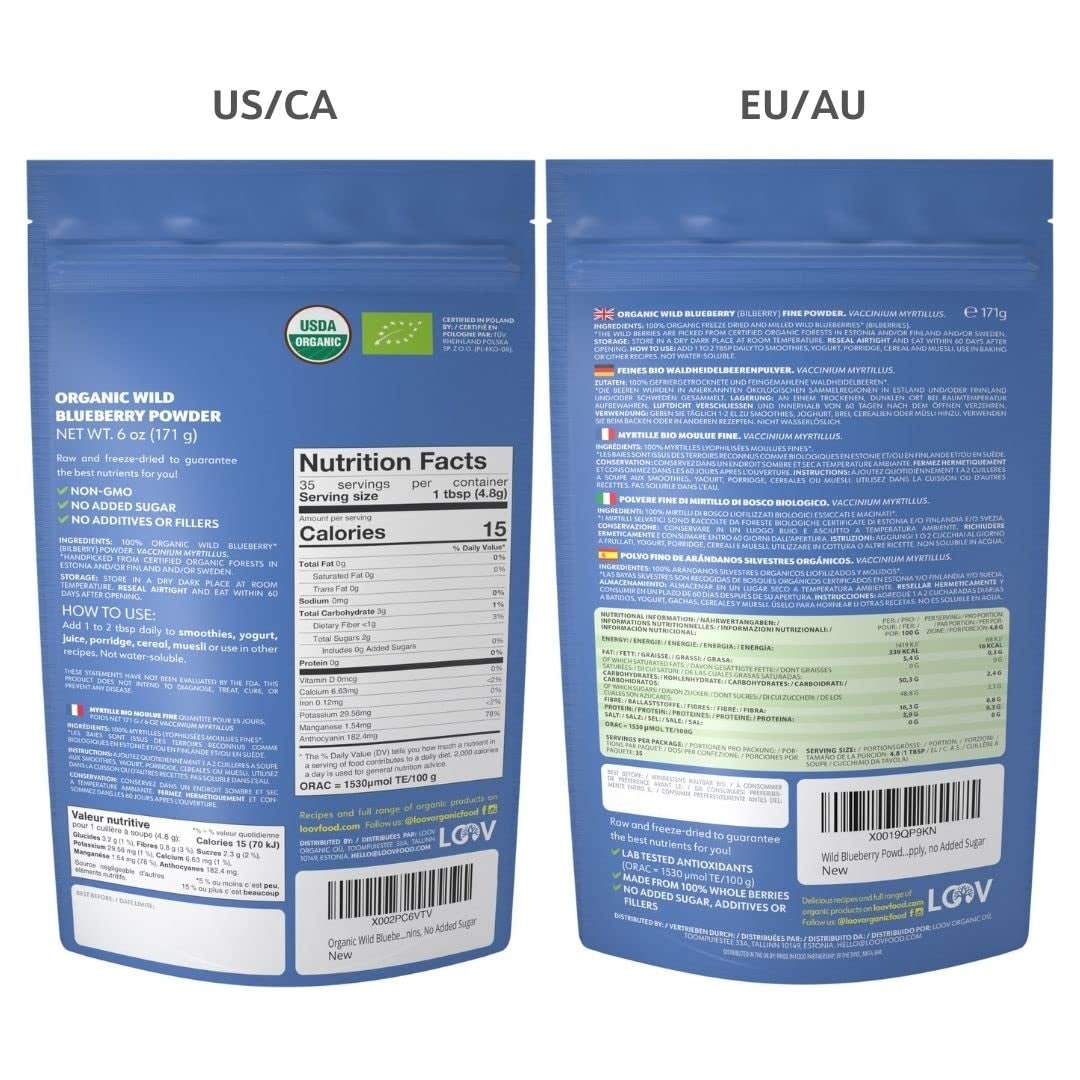 LOOV Poudre de myrtille sauvage biologique - Approvisionnement de 29 jours 171 g Idéal pour les smoothies et le petit-déjeuner Lyophilisé Europe du Nord Sans sucre ajouté Naty Shop Produits déshydratés