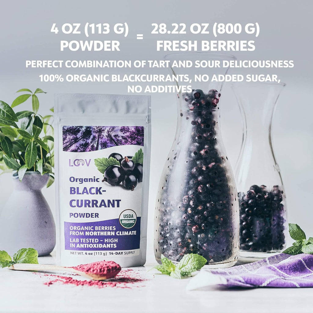 LOOV Pudră organică de coacăze negre, Fabricată din 100% coacăze negre întregi, Fructe de pădure organice liofilizate și pudrate, Cultivate în Europa de Nord, Fără zahăr adăugat, 113 g Produse deshidratate Naty Shop