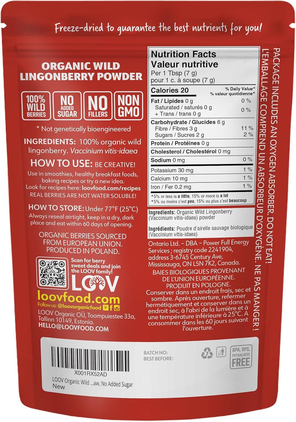 Poudre de myrtille bio LOOV, composée à 100% de myrtilles sauvages entières lyophilisées récoltées dans les forêts du nord de l'Europe, 113g, sans sucre ajouté Naty Shop Produits Déshydratés